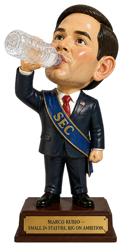 Bobblehead caricature of Secretary Marco Rubio chugging a water bottle, wearing a 'SEC' sash, standing on a pedestal with a brass nameplate reading 'Marco Rubio — Small in Stature, Big on Ambition.'